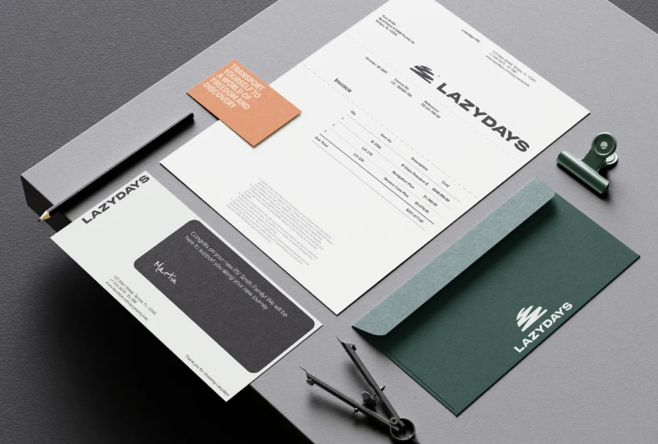 Stationery and print collateral designed in the new Lazydays RV identity