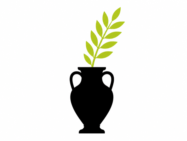Amphora with a green laurel branch, the creative studio motif