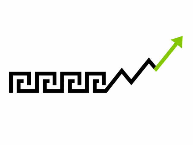Greek meander pattern rising into a graph, the digital marketing motif